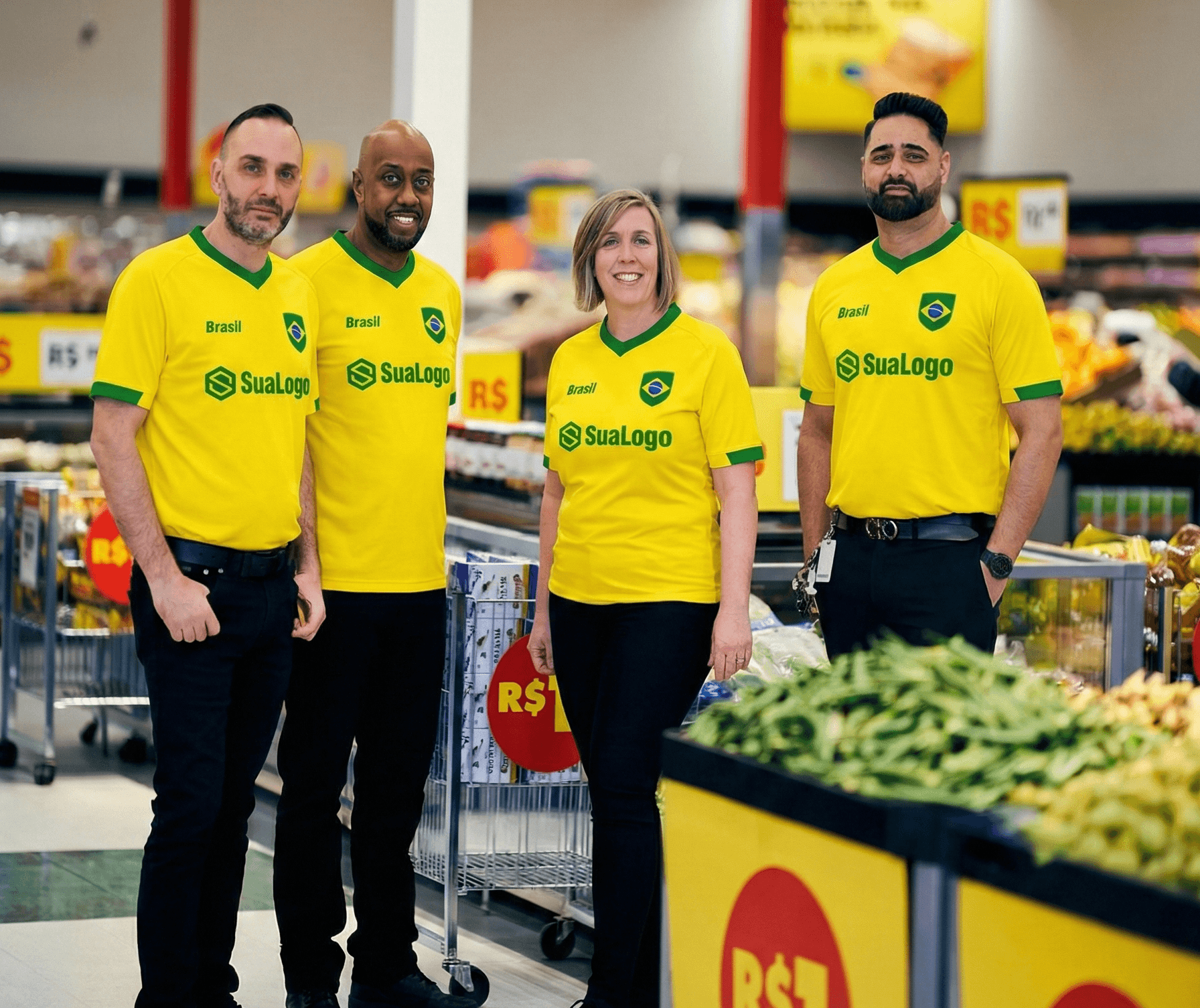 Equipe de supermercado vestindo camisas amarelas Brasil Copa 2026 - Uniforme corporativo Icone Sports
